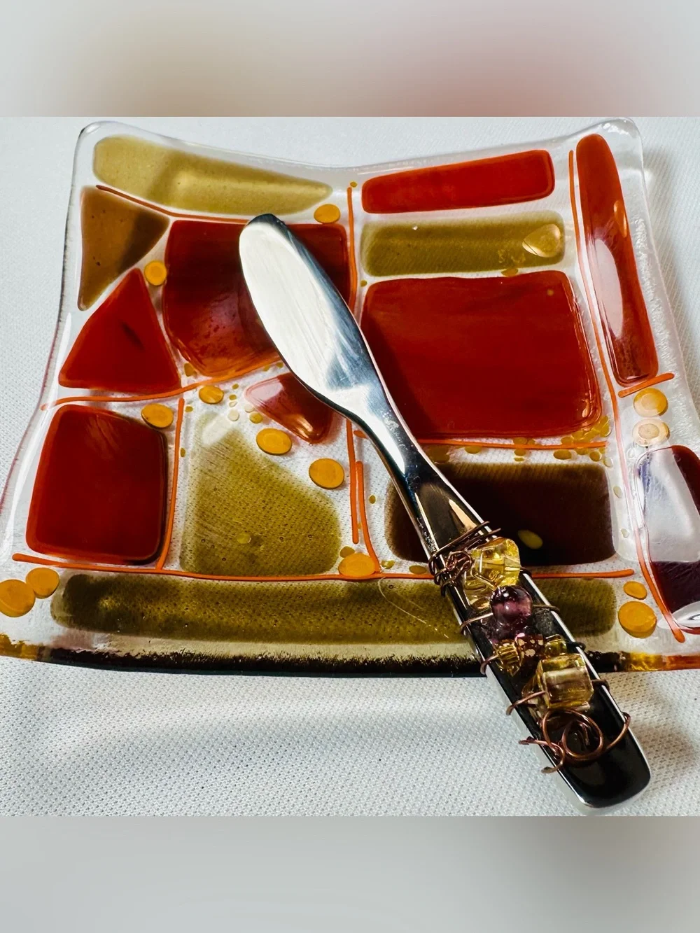 Beautiful Handmade Fused Glass Tray With Wire Wrapped Knife Spreader Fall Colors